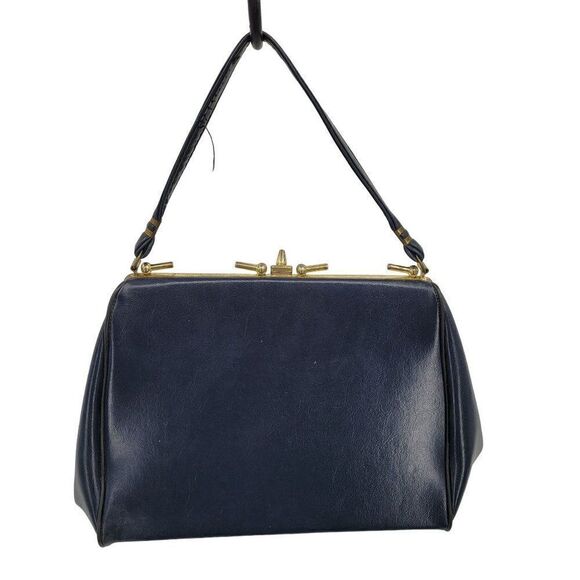 Vintage 60's Handbag Top Handle Vegan Framed Clasp Closure Midnight Blue Gold - Picture 3 of 13